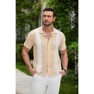 Men Beige White Short Sleeve Button Up Knit Polo Shirt Casual Lightweight